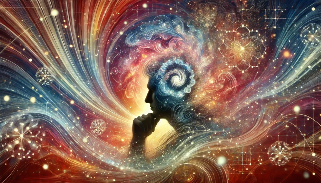 An artistic visualization of a person deep in thought, surrounded by swirling abstract patterns of light and color, symbolizing mental stimulation and creativity. The background represents a dynamic flow of ideas and neural activity.