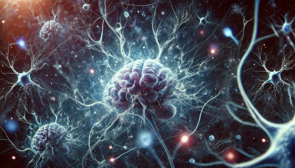 An artistic visualization of neural degeneration, depicting neurons with shrinking dendrites and fading synapses, symbolizing cognitive decline. The darkened background with faintly glowing neural structures represents the brain’s struggle to maintain function