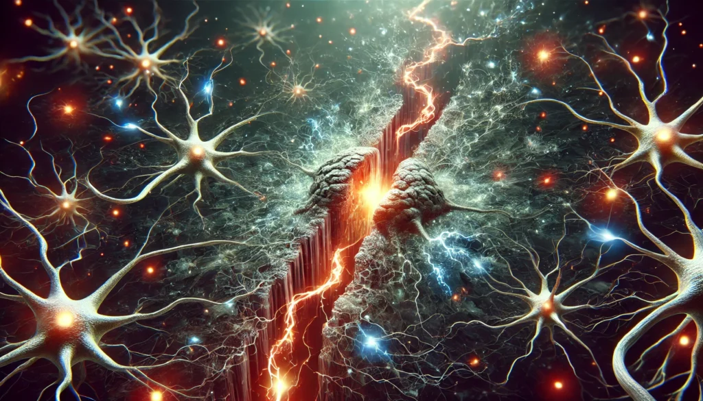 A conceptual rendering of a neural pathway breaking apart, showing severed links and fading electrical impulses. The dissolving synapses emphasize the irreversible nature of neuronal damage, with glowing neurons contrasting against a dark, abstract brain-like background