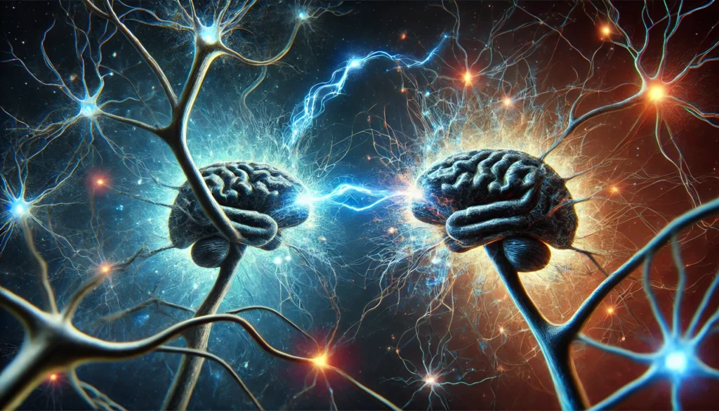 A surreal depiction of damaged neurons attempting to reconnect, with weak, flickering signals bridging broken synapses. Some connections remain incomplete, symbolizing the difficulty of neural regeneration, set against a glowing blue and deep black-toned background