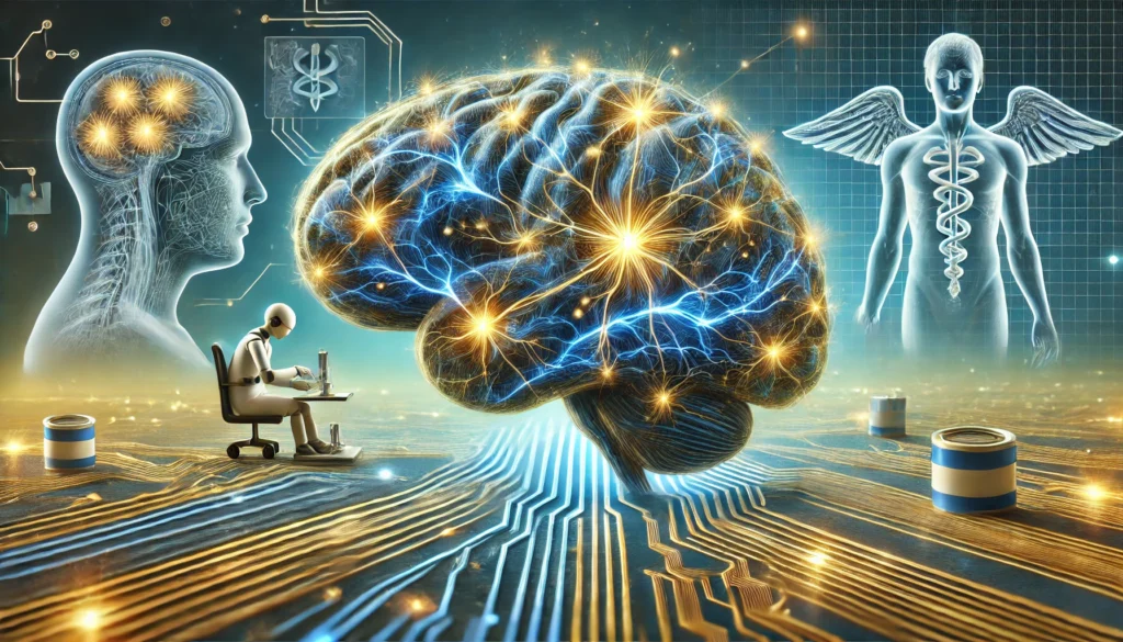 A conceptual image of neural pathways strengthening after brain injury. The illustration shows a brain with electric blue and gold synapses actively forming new connections, symbolizing cognitive repair. The background features an abstract representation of a medical setting, reflecting the role of a brain injury doctor in enhancing memory recall and neural function.