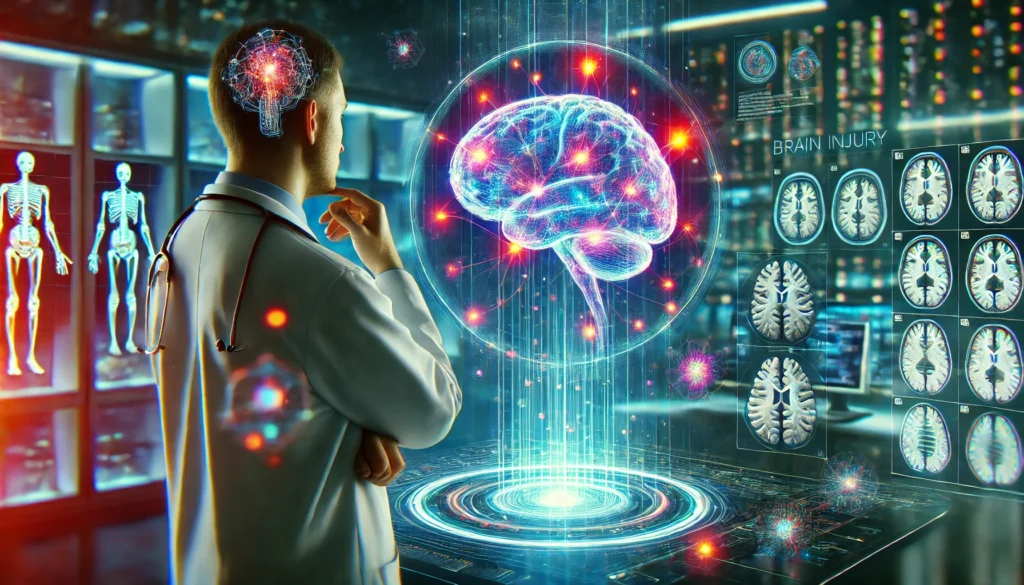 A futuristic medical scene showcasing brain injury rehabilitation. A doctor in a high-tech lab examines a holographic projection of a human brain, with illuminated neural pathways reconnecting and strengthening. The atmosphere conveys scientific progress, symbolizing cutting-edge advancements in neural repair and cognitive restoration.