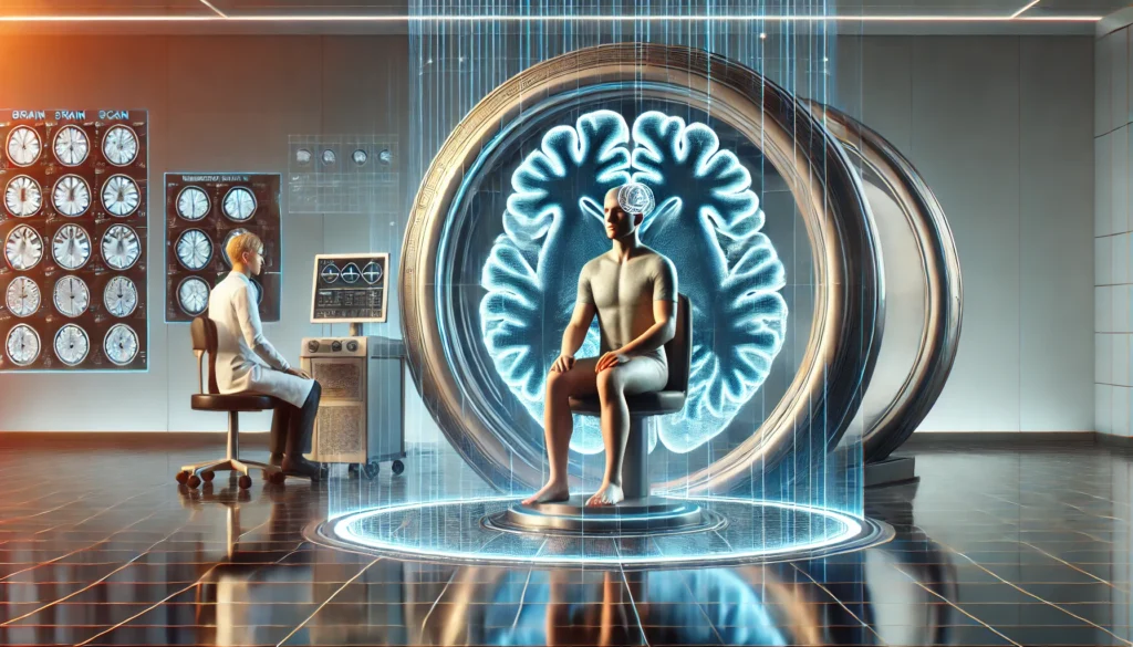 A futuristic neurological test scene featuring a patient in a high-tech scanning chamber with a hovering holographic brain scan projection, analyzed by a researcher in a sleek, advanced medical environment with glowing ambient lighting.