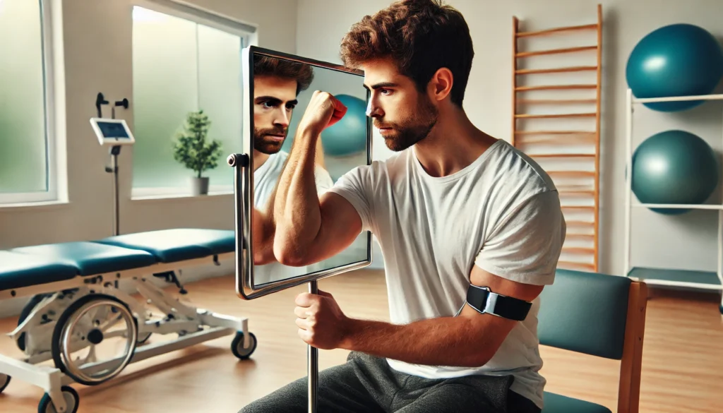 A stroke survivor practicing mirror therapy in a rehabilitation setting, using a mirror box to stimulate movement in the affected arm. The patient’s expression shows concentration, reinforcing the connection between brain and motor function. The rehab room is well-lit and equipped for recovery.