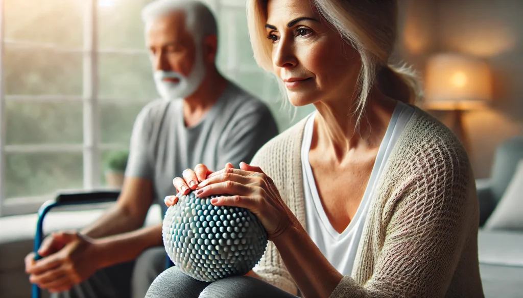 A stroke survivor performing hand therapy exercises with a textured therapy ball, squeezing it to strengthen grip and coordination. The rehabilitation room is softly illuminated by natural light, providing a calm and encouraging atmosphere for recovery