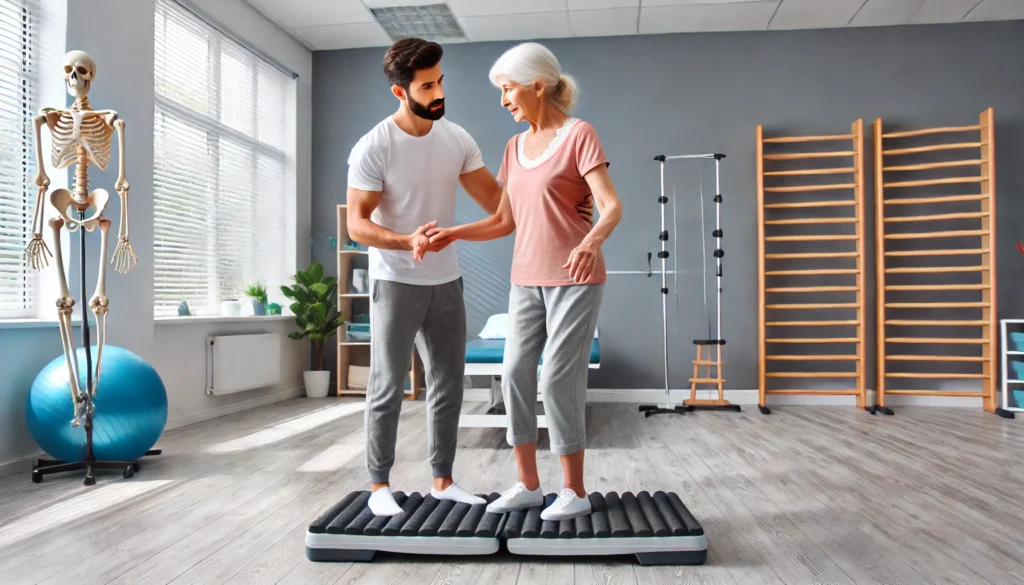 A stroke survivor working on balance exercises with a physical therapist, standing on a foam balance pad for stability training. The rehabilitation room is equipped with stability bars and therapy tools, fostering a structured and supportive recovery environment