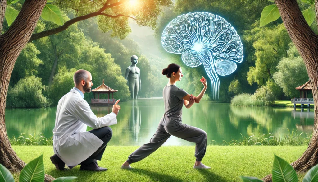 A stroke survivor engaging in a gentle Tai Chi session in a peaceful outdoor park, supervised by a therapist, promoting relaxation, mindfulness, and neural pathway regeneration