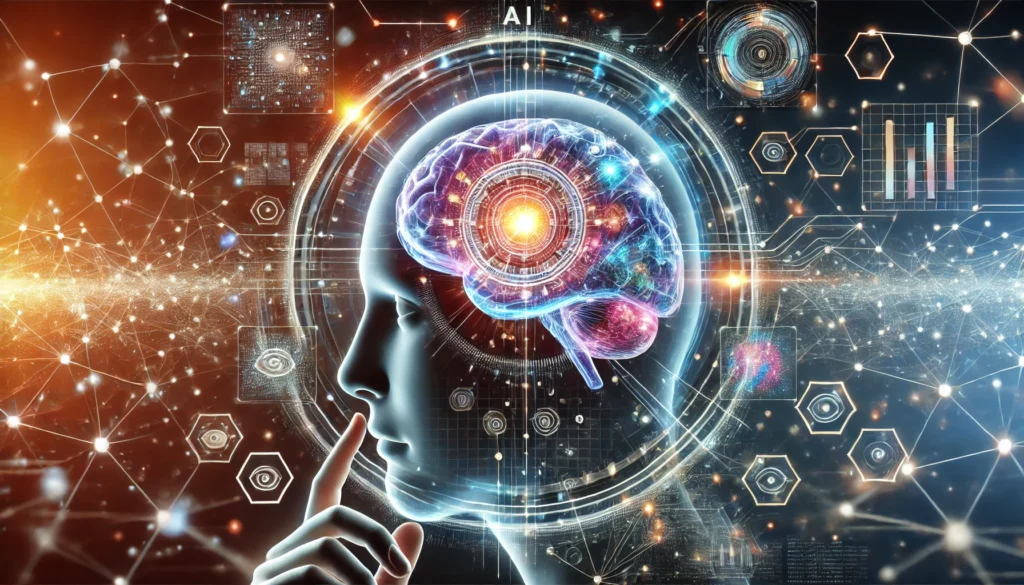 "A visually engaging futuristic representation of AI-powered memory enhancement, with a human brain merging with digital interfaces and holographic neural connections."