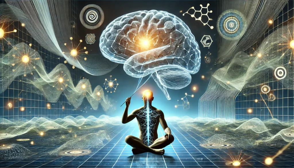 "A futuristic scene of a person engaging in brain training exercises for ADHD, with a glowing brain and neural pathways responding to cognitive stimulation in an abstract environment."