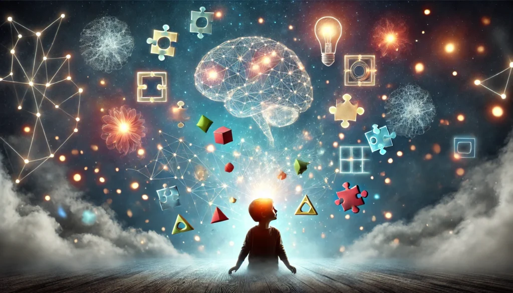 "An imaginative scene of a young child surrounded by floating glowing geometric shapes, puzzle pieces, and neural pathways, symbolizing early cognitive development and problem-solving skills."