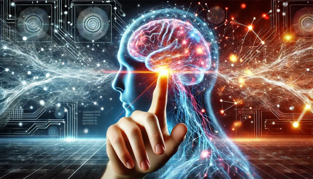 "A futuristic visualization of a person engaging with a glowing digital interface, showcasing dynamic neural pathways forming connections to illustrate enhanced memory and cognitive strengthening."