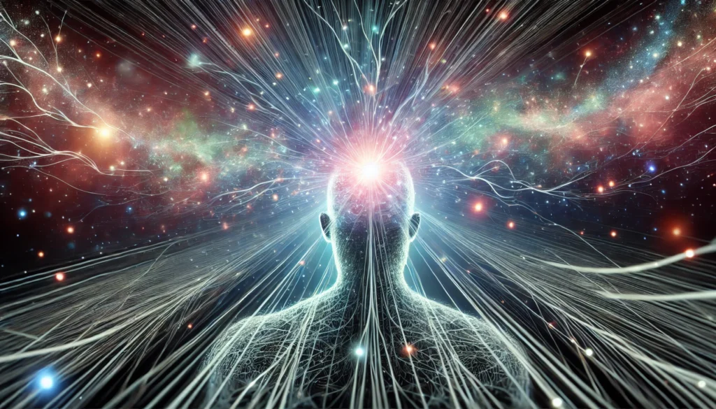 "A surreal depiction of a mind expanding into a cosmic universe, with glowing neural networks interconnecting, representing limitless cognitive potential and deep mental focus."