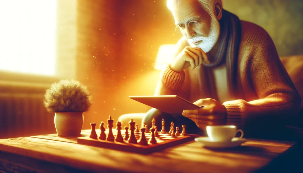 "A serene and warm digital illustration of an elderly man deeply focused on a chess game on his tablet, sitting in a cozy living room with a cup of tea beside him, reflecting intellectual engagement."