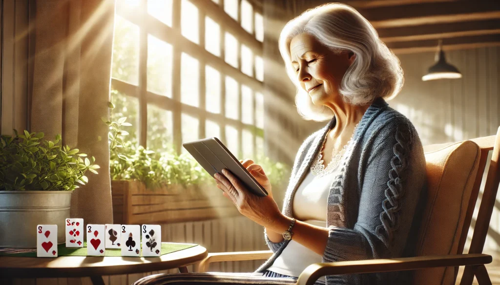 "A realistic digital illustration of an elderly woman sitting in a sunlit room, enjoying a game of Solitaire on her tablet, highlighting concentration and relaxation."