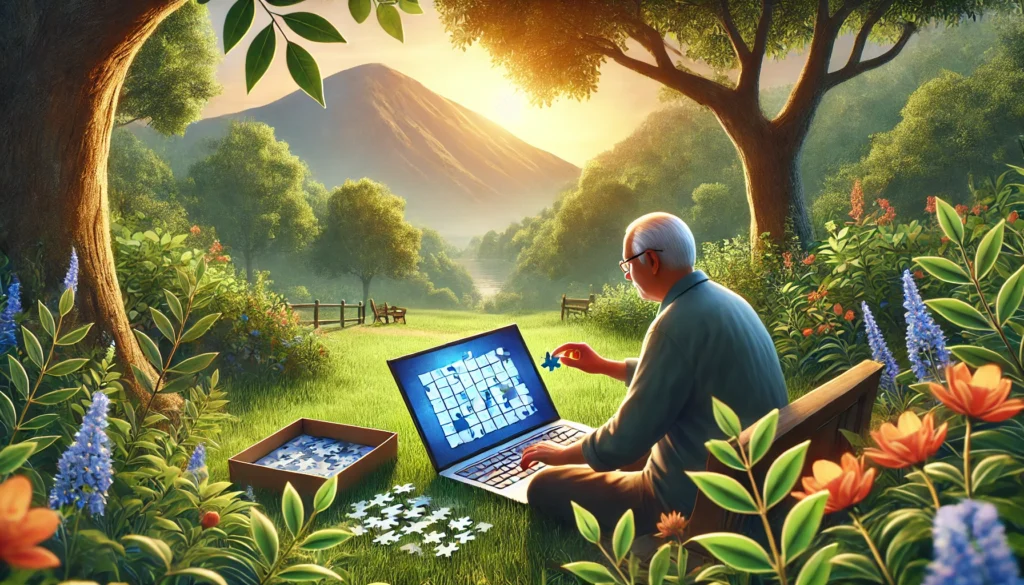 "A digital painting of an elderly person playing an engaging puzzle game on a laptop in a peaceful park setting, symbolizing relaxation and cognitive engagement."