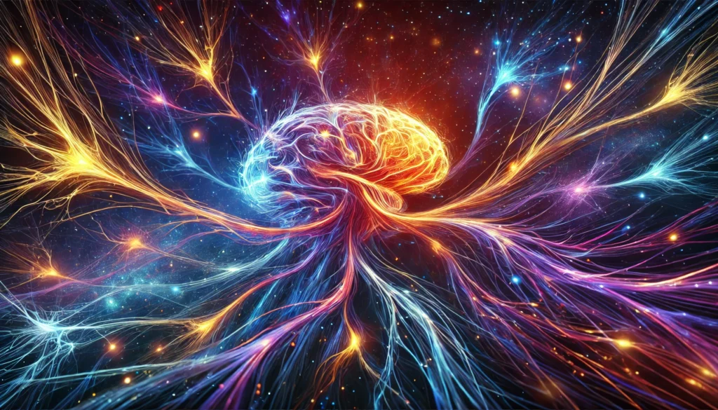 A visually striking artistic rendering of neurons appearing as radiant tendrils of light stretching and connecting across space. The deep blues, fiery oranges, and glowing purples symbolize neural pathway strengthening, set against a cosmic, ethereal background