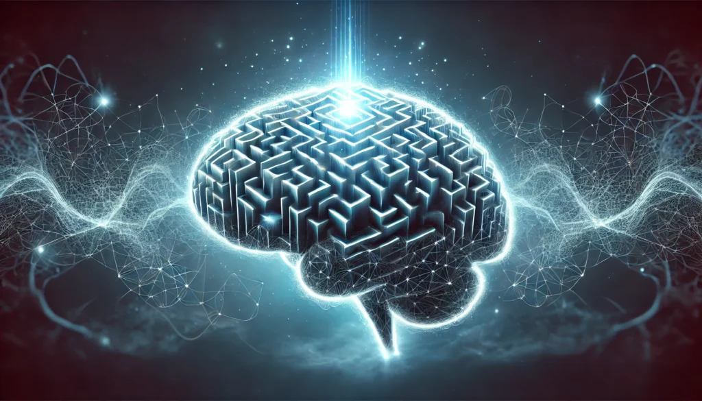 A glowing 3D maze floating in space, illuminated by a soft blue light, surrounded by abstract neural connections, symbolizing the complexity and challenge of brain games.