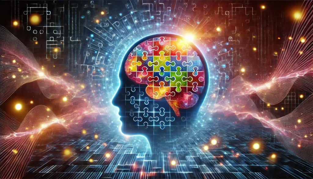 A striking 3D-rendered human brain composed of interconnected puzzle pieces, radiating energy, with abstract digital waves in the background representing intelligence and problem-solving.