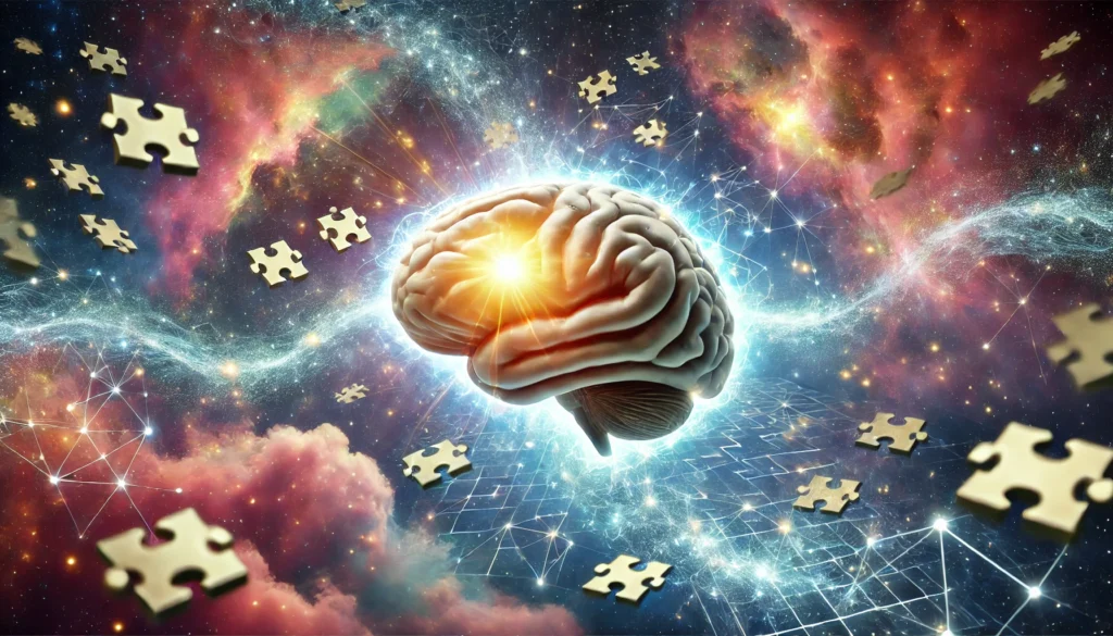 A surreal image of a human brain floating in space, surrounded by glowing puzzle pieces and interconnected pathways, symbolizing intelligence, memory recall, and cognitive strength.