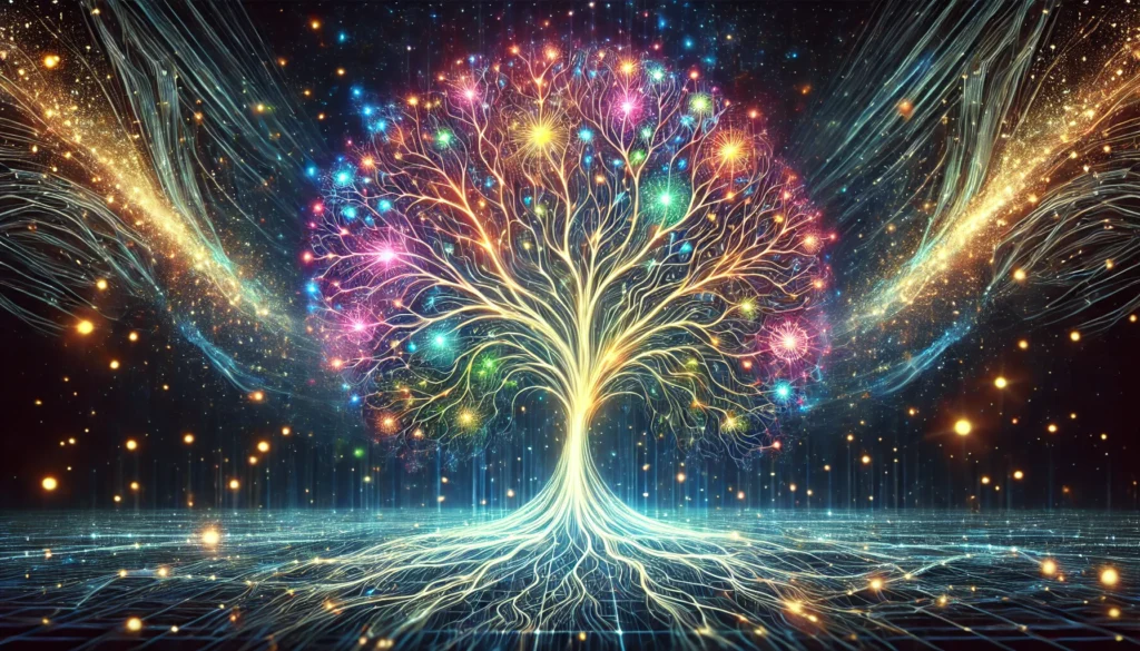 An artistic representation of a neural network forming in the shape of a glowing tree, with electric circuits resembling branches, symbolizing brain growth and memory enhancement.