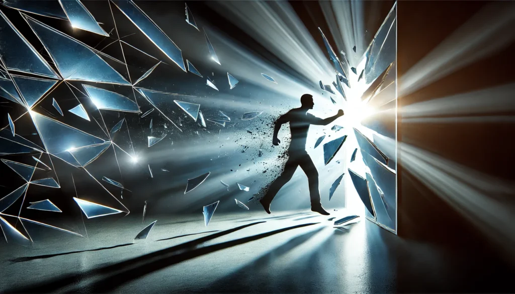 A silhouette of a person breaking through a glass wall with dynamic lighting and shards reflecting a transition from darkness to light, representing a breakthrough in mindset and personal transformation.