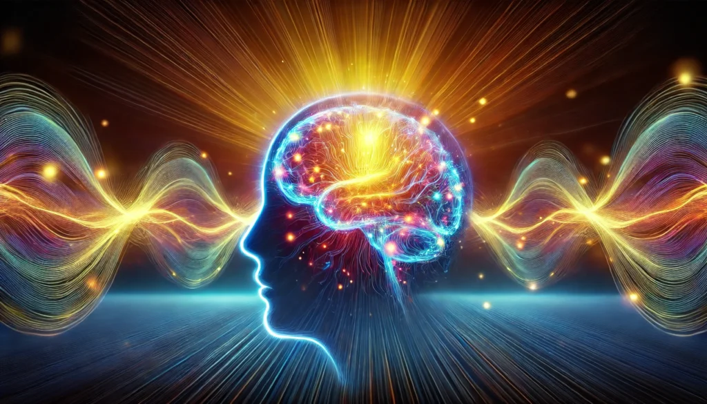 An abstract visualization of a human brain glowing with vibrant energy waves against a background transitioning from deep blue to bright gold, symbolizing neural pathway strengthening and cognitive expansion.