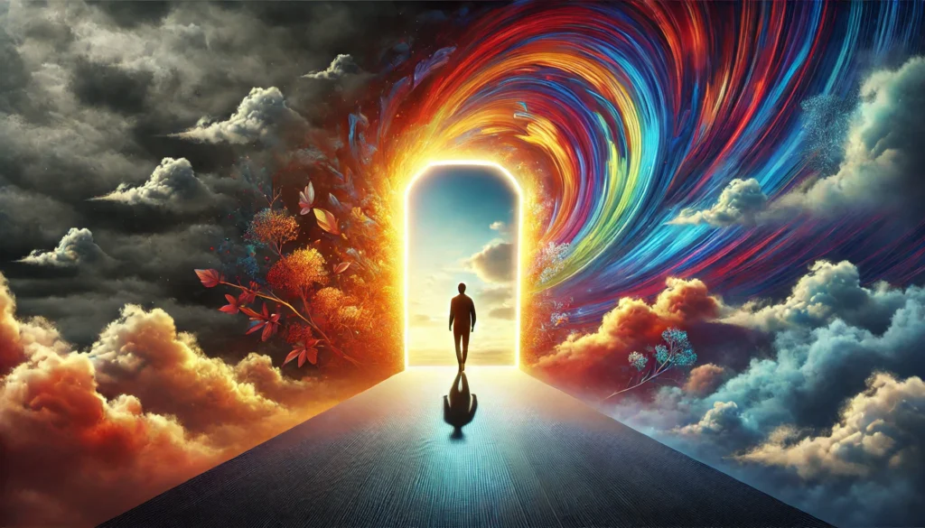 A surreal image of a person stepping through a glowing doorway into a vibrant, colorful landscape, leaving behind a dark and cloudy environment, symbolizing transformation in mindset and new perspectives.