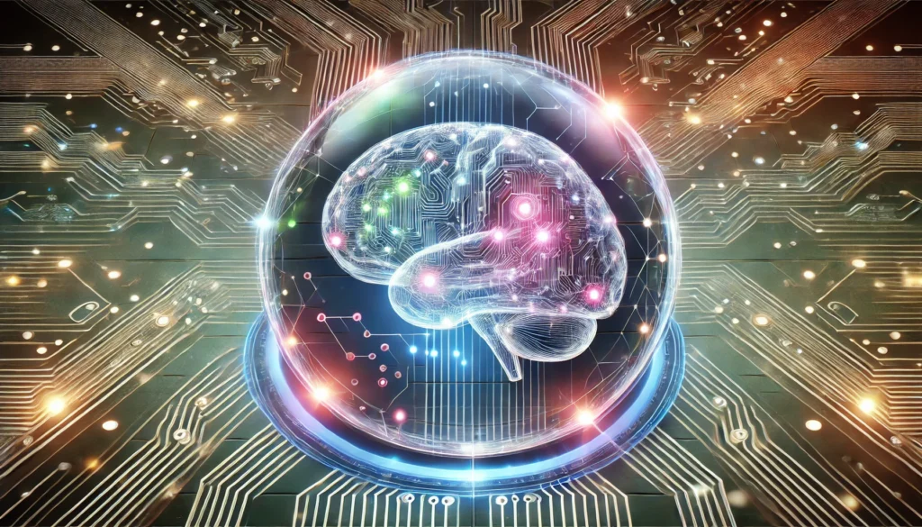 A high-tech concept of a human brain encased in a transparent sphere, surrounded by holographic data streams and glowing circuit patterns, symbolizing neural stimulation and cognitive advancement.