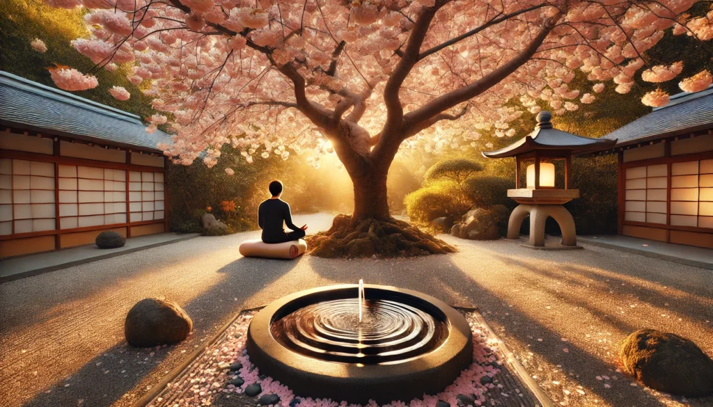 A tranquil meditation garden featuring a person practicing mindfulness under a large cherry blossom tree, with soft petals falling and a Zen water fountain creating gentle ripples.