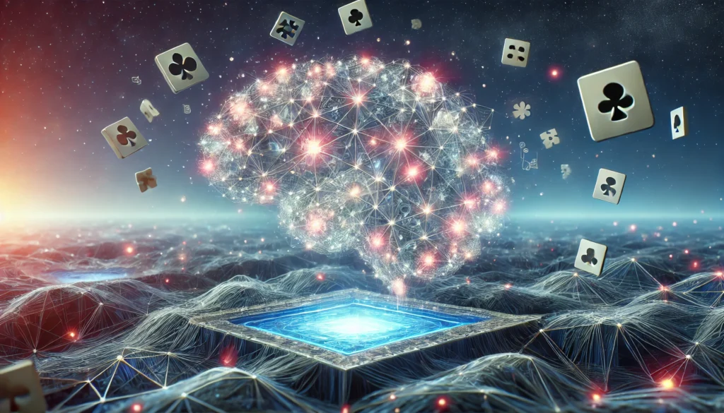 A conceptual artwork of a neural landscape with glowing interconnected memory nodes forming a brain-like structure, with floating digital playing cards and puzzle pieces symbolizing cognitive stimulation and free memory games.