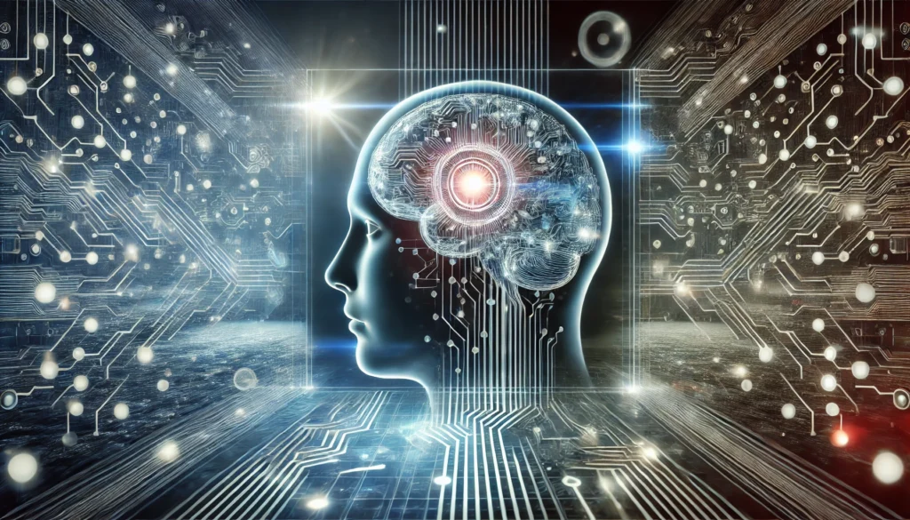 A futuristic concept of a human brain integrated with artificial intelligence, encased in a digital matrix of circuits and data streams, symbolizing advanced mental sharpness and problem-solving abilities.