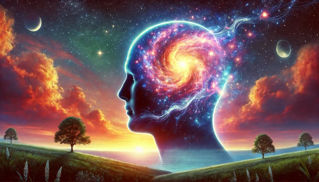 A serene landscape featuring a transparent human head filled with a vibrant galaxy of stars and swirling energy, illustrating infinite mental possibilities, deep thought, and heightened cognition.