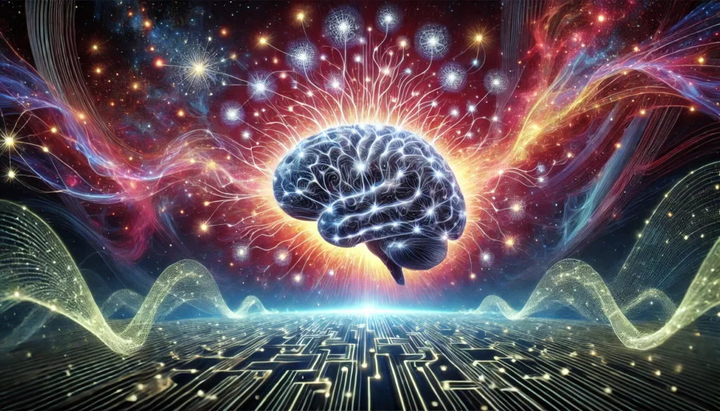 A surreal digital artwork of a brain evolving with luminous pathways forming intricate networks, symbolizing cognitive enhancement and brain retraining, set against a cosmic-inspired background with vibrant energy flows.