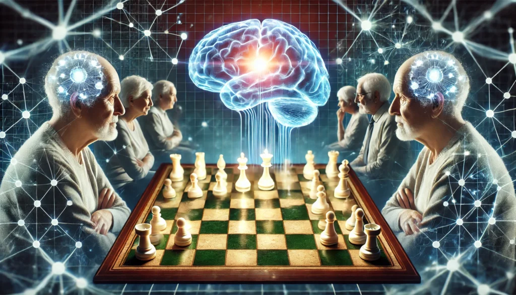 A conceptual digital artwork of a glowing chessboard with elderly figures playing a cognitive strategy game, with illuminated chess pieces symbolizing memory training and brain engagement against a futuristic neural grid background.