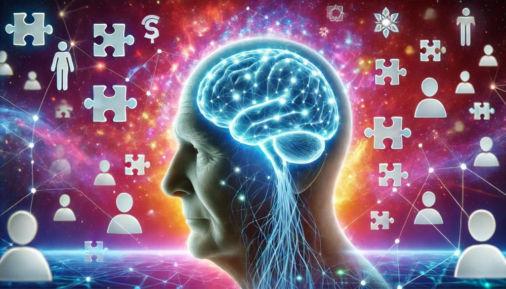 A futuristic 3D rendering of an elderly person's brain with interconnected glowing pathways, surrounded by floating puzzle pieces and memory-related symbols, representing cognitive engagement and brain stimulation.