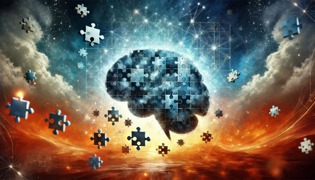 An artistic representation of a futuristic brain puzzle with floating, interconnected pieces forming a glowing neural network, against an abstract background blending cool blue and fiery orange hues, symbolizing the balance between creativity and logic in problem-solving.