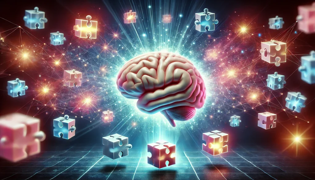 A conceptual digital artwork of a glowing human brain surrounded by levitating puzzle cubes, each emitting a soft neon glow, with a dynamic energy field in the background representing fast cognitive processing and problem-solving.