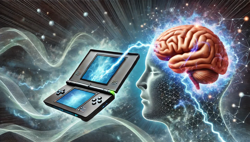 A surreal digital artwork of a human brain seamlessly merging with a Nintendo DS console, with electric energy flowing between them. The background consists of abstract waves of light and futuristic holographic elements, representing cognitive potential and brain training.