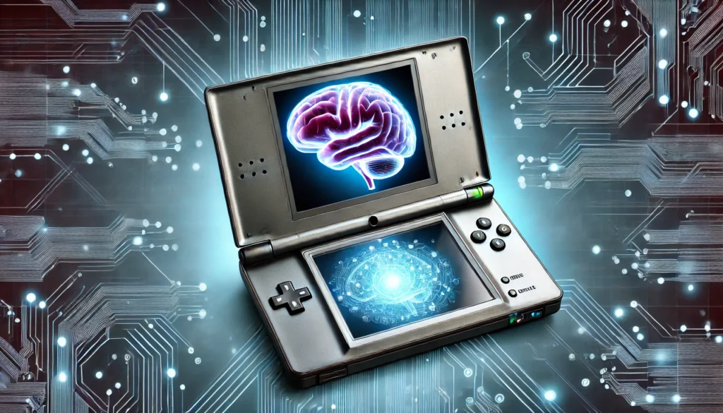 A conceptual digital illustration of a Nintendo DS console with a transparent screen, revealing a glowing brain inside. The background features futuristic circuitry and neural pathways, symbolizing intelligence enhancement and brain training.