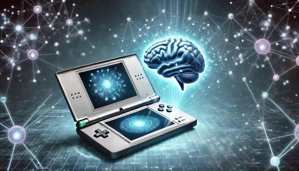 An artistic concept of a Nintendo DS console floating in space, surrounded by a glowing neural grid with interconnected brain nodes. The screen displays a 3D brain model radiating soft blue light, representing enhanced cognitive function and mental agility.