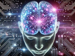 A futuristic visualization of a glowing human brain with interconnected digital circuits, radiating blue and purple energy against a high-tech digital background, symbolizing neural repair and cognitive enhancement.