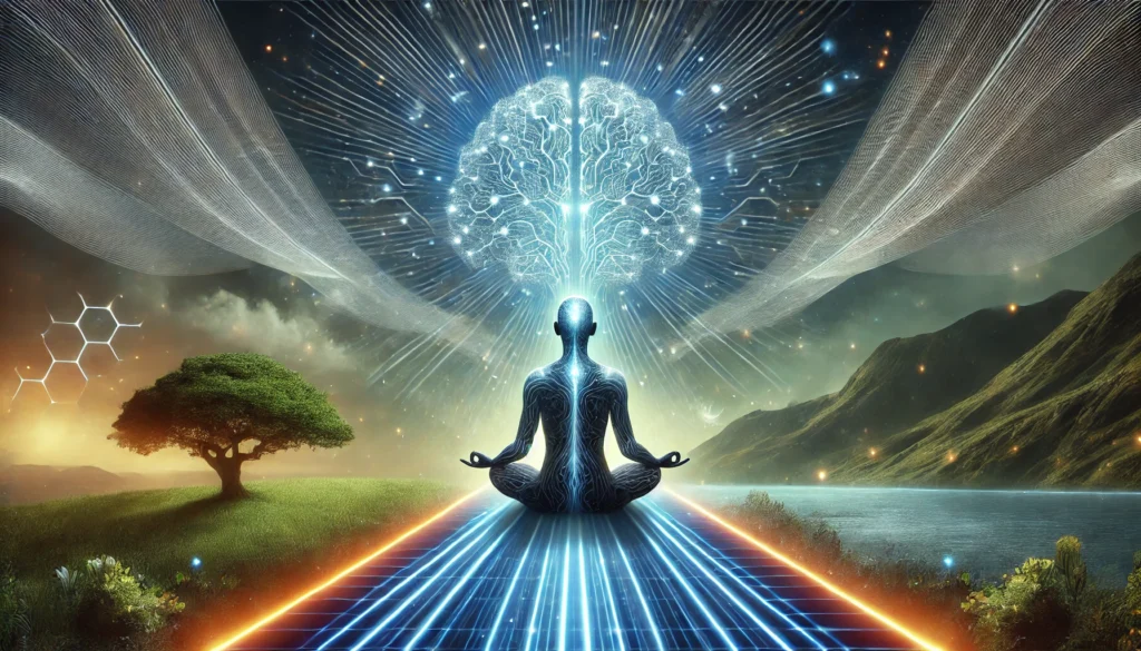 A conceptual digital painting of a person meditating, with their head transforming into a glowing neural network, radiating waves of light symbolizing enhanced focus and cognitive strength, against a tranquil environment blending nature and futuristic elements.