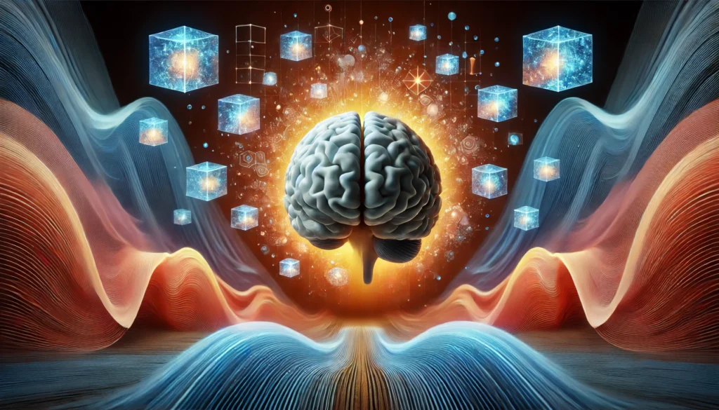 A surreal digital artwork of a human brain surrounded by levitating glowing cubes, each representing different cognitive functions like memory, focus, and problem-solving, with an abstract background in cool blue and warm orange hues symbolizing balance and mental clarity.