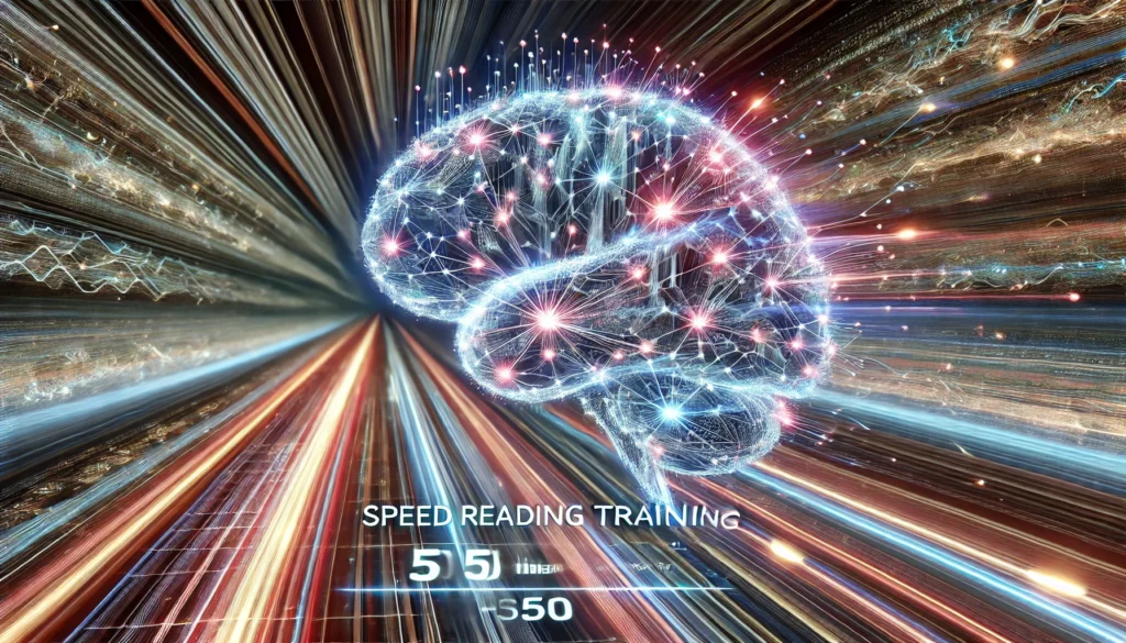 A high-speed digital brain processing vast amounts of data, filled with glowing light trails and layered neural connections, representing intelligence, acceleration, and mastery in speed reading.