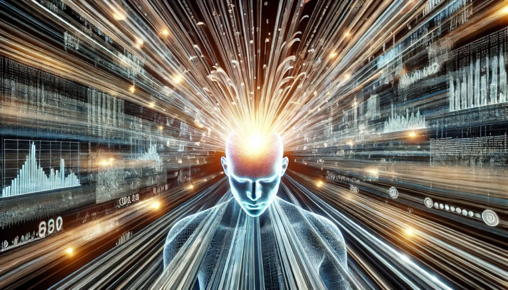 A conceptual visualization of speed reading mastery, illustrating luminous cascading data streams converging into a glowing human figure, symbolizing heightened cognitive ability and accelerated comprehension.