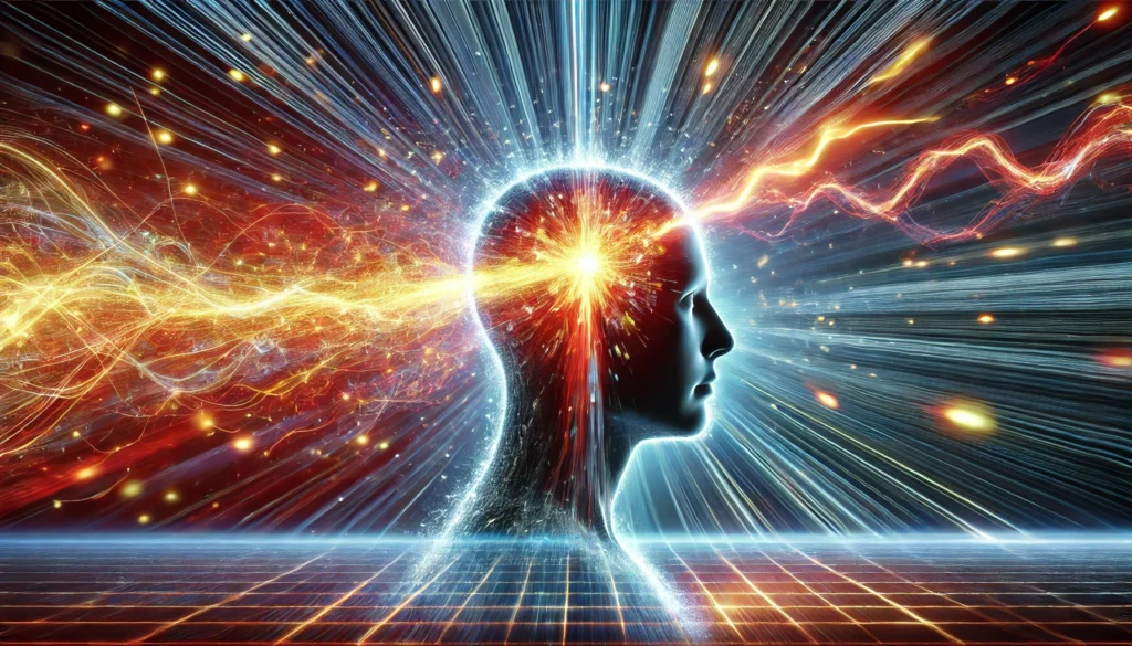 A surreal depiction of a person absorbing information at lightning speed, featuring a silhouette with vibrant energy waves streaming into the mind, representing rapid cognitive processing in a futuristic, digital atmosphere.