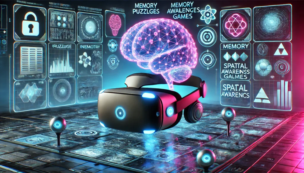 "A virtual reality headset projecting a glowing holographic brain, featuring interactive puzzles and memory challenges in an immersive, neon-lit sci-fi setting."

