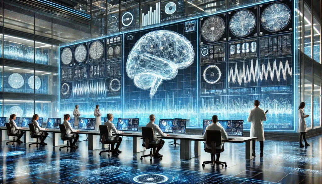 "An advanced research facility with scientists analyzing brainwave patterns on large digital screens, showcasing neural activity and data visualization in a modern, high-tech environment."