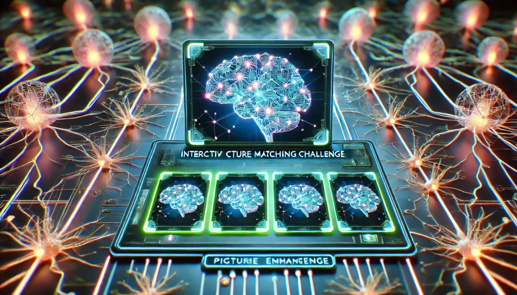 "A futuristic brain-training game featuring an immersive picture matching challenge, with interactive digital cards glowing with bright neon edges against a backdrop of interconnected neurons symbolizing cognitive enhancement."