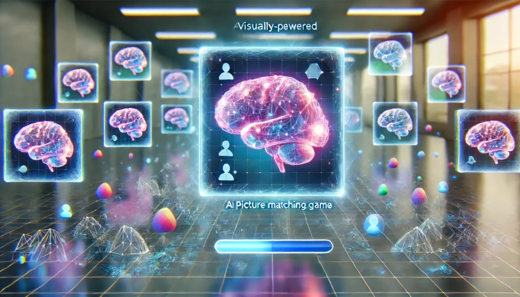 "An AI-powered picture matching game with a holographic user interface, featuring floating images in a three-dimensional space illuminated by soft blue and purple neon lights, representing brain stimulation and memory training."